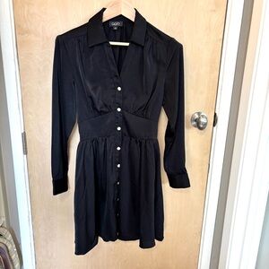 Gigio Black Long Sleeve Button Down Dress Polyester Satin Small Crystal Buttons